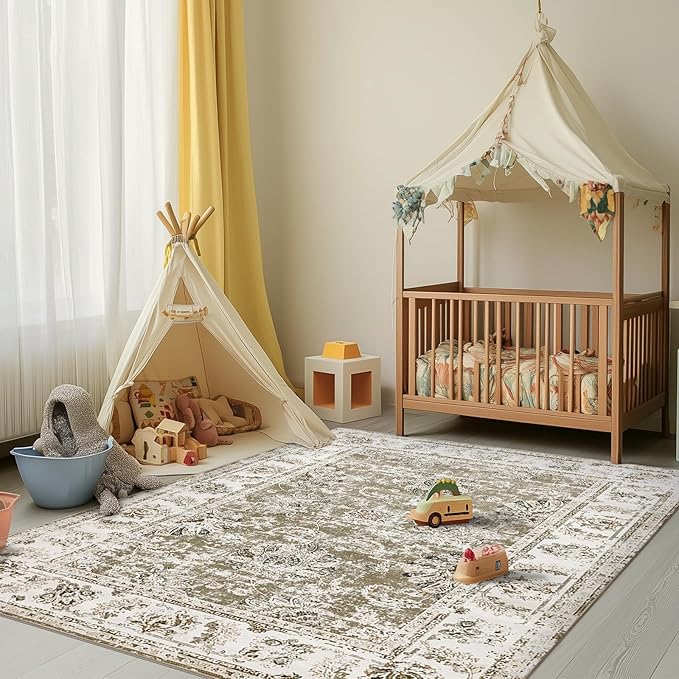 jinchan Washable Area Rug 5x7 Ultra-Thin Low Pile Non Slip Stain Resistant Soft Faux Wool Floral Distressed Vintage Carpet for Bedroom,Living Room,Dining Room,Kitchen,Nursery(Taupe, 5' x 7')