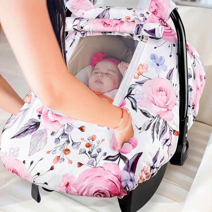 Floral Baby Carseat Cover Girls, Pea Pod Infant Car Seat Covers Canopy for Newborn with 2 Layers Windows of Breathable Mesh/Fabric, Lightweight Polyester/Minky Dot Backing, Snug Fit Most Baby Car Seat
