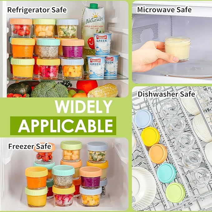 DRKIO 20 Pack Glass Baby Food Storage Containers 4 Oz Baby Food Jars with Lids Baby Food Maker Microwave Dishwasher Freezer Safe 100% Leak-Proof BPA Free