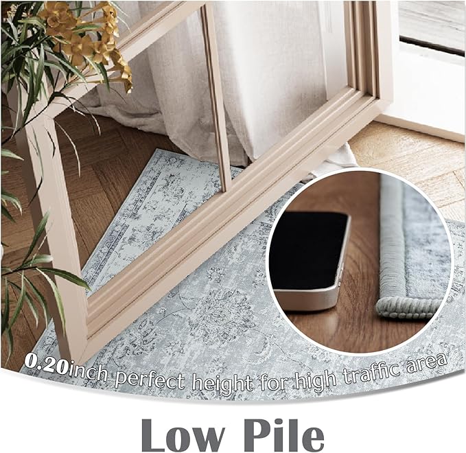 jinchan Washable Area Rug 8x10 for Living Room Soft Faux Wool Ultra-Thin Stain Resistant Non-Slip Distressed Vintage Floral Large Carpet for Bedroom,Dining Room,Home Office,Nursery(Grey, 8'x10')