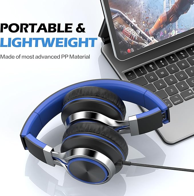 AILIHEN C8 USB-C Headphones Wired - Kids Headphones with Microphone & Volume Control, Foldable Stereo Sound Tangle-Free Type C Cord, Compatible with Cellphone, Laptop, PC (Black Blue)