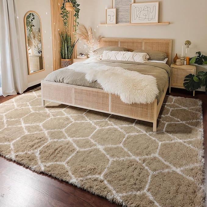ONASAR Large Area Rugs for Living Room, Fluffy 7x10 Beige and White Thick Floor Rug for Bedroom Home Decor Aesthetic, Soft Fuzzy Shaggy Plush Geometric Carpet for Kids Teen Dorm Classroom Office