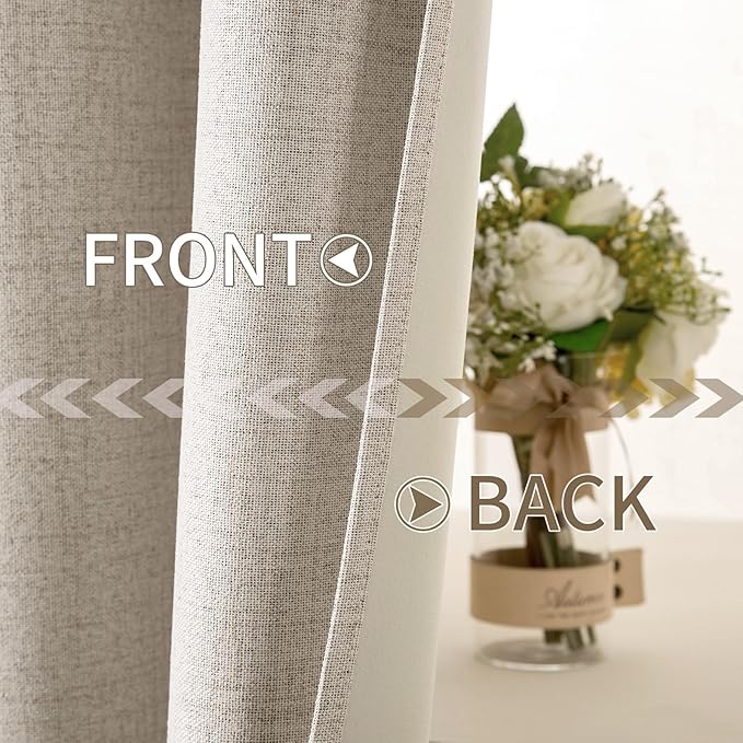 MIULEE Linen Textured Curtains for Bedroom Solid 100% Blackout Thermal Insulated Natural Grommet Room Darkening Curtains & Drapes Luxury Decor for Living Room Nursery 52 x 63 Inch (2 Panels)