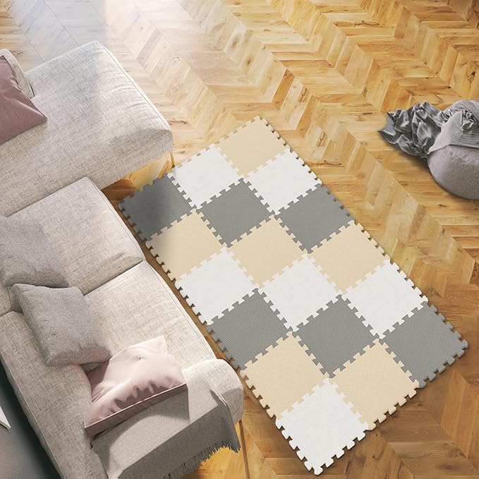 qqpp EVA Rubber 18 Tiles Interlocking Puzzle Foam Floor Mats - Baby Play Mat for Playing | Exercise Mat for Home Workout. White, Beige, Gray. QC-AJLb18N