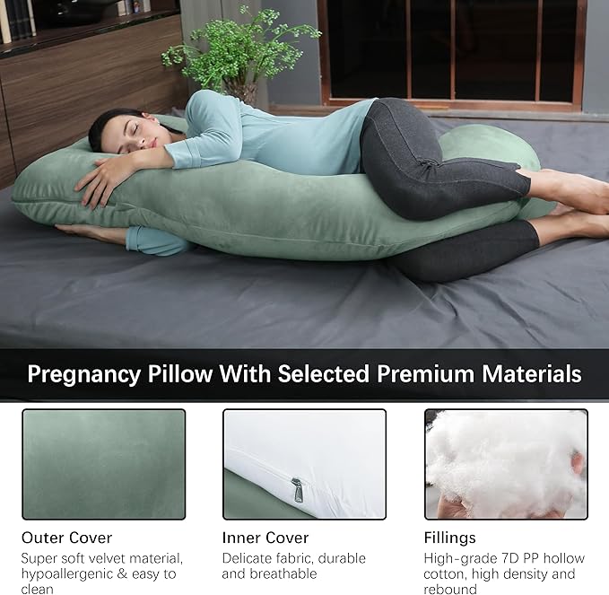 MOON PARK Pregnancy Pillows for Sleeping - U Shaped Full Body Maternity Pillow with Removable Cover - Support for Back, Legs, Belly, HIPS - 65 Inch - Green