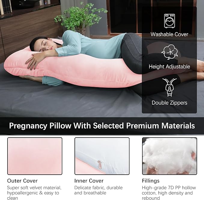 MOON PARK Pregnancy Pillows for Sleeping - U Shaped Full Body Maternity Pillow with Removable Cover - Support for Back, Legs, Belly, HIPS - 65 Inch - Pink