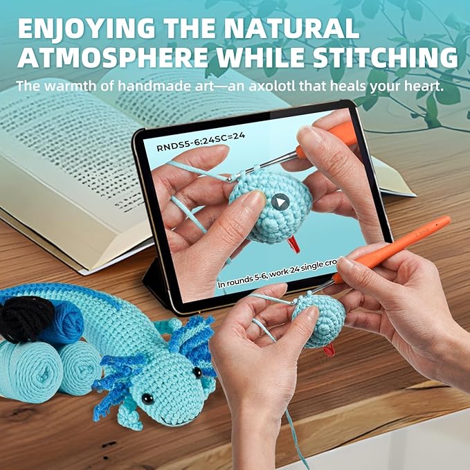 MOREJMTT Crochet Kit for Beginners, Crochet Animal Kits,Crocheting Kit for Starters, Learn to Crochet with Step-by-Step Video Tutorials, Beginner Crochet Kit for Adults(1 Pack Axolotl)