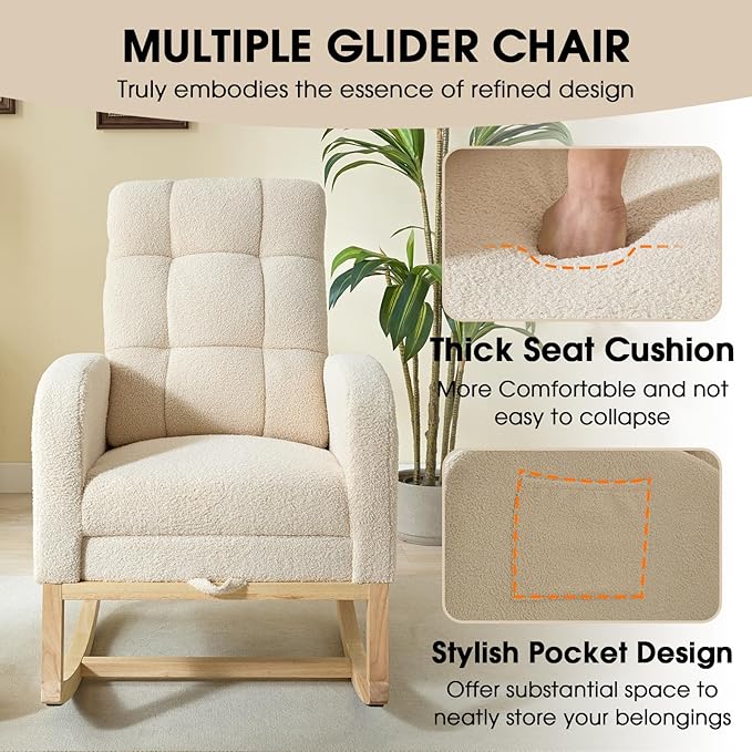 NIOIIKIT Modern Nursery Rocking Chair, Teddy Upholstered Rocking Chair with Footrest, Comfortable Rocker Recliner with Side Pocket, Rocker Glider for Living Room, Bedroom, Nursing Room (Apricot)