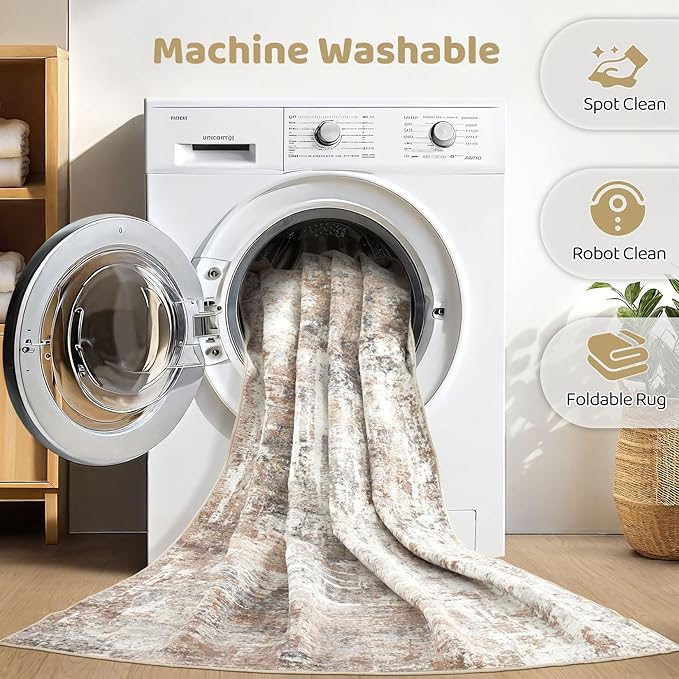 8x10 Area Rugs Living Room: Washable Large Abstract Modern Soft Rug Stain Resistant Indoor Floor Non Slip Accent Carpet for Bedroom Nursery Playroom Dining Room Office Dorm Home House- Brown