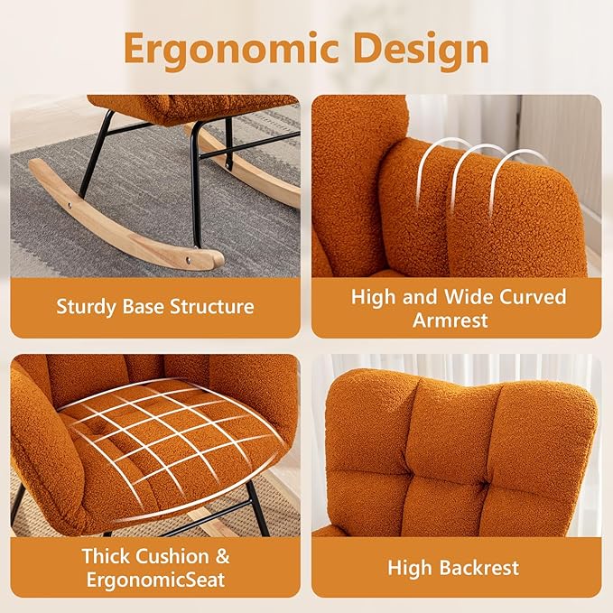 NIOIIKIT Nursery Rocking Chair Teddy Upholstered Glider Rocker Rocking Accent Chair Padded Seat with High Backrest Armchair Comfy Side Chair for Living Room Bedroom Offices (Orange)