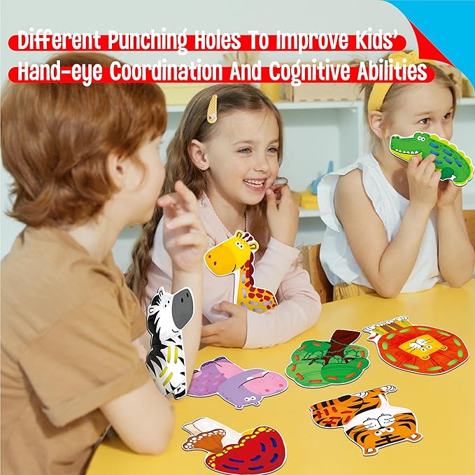 9 Pieces Lacing Cards, Double Sided Sewing Cards in 9 Jungle Animals with 9 Colorful Laces, Imagination Development Lacing Toys Games Educational and Learning Activity for Preschoolers, Kids