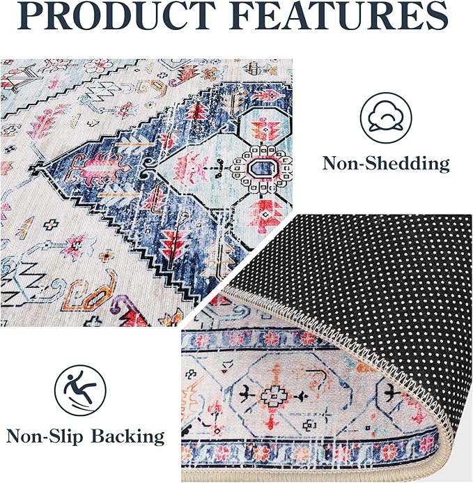 Lahome Boho Round Rug - 9Ft Washable Area Rug, Non-Slip Small Bathroom Rug, Lightweight Bedroom Throw, Oriental Distressed Print Carpet for Entryway, Sofa, Nursery, Kids Room