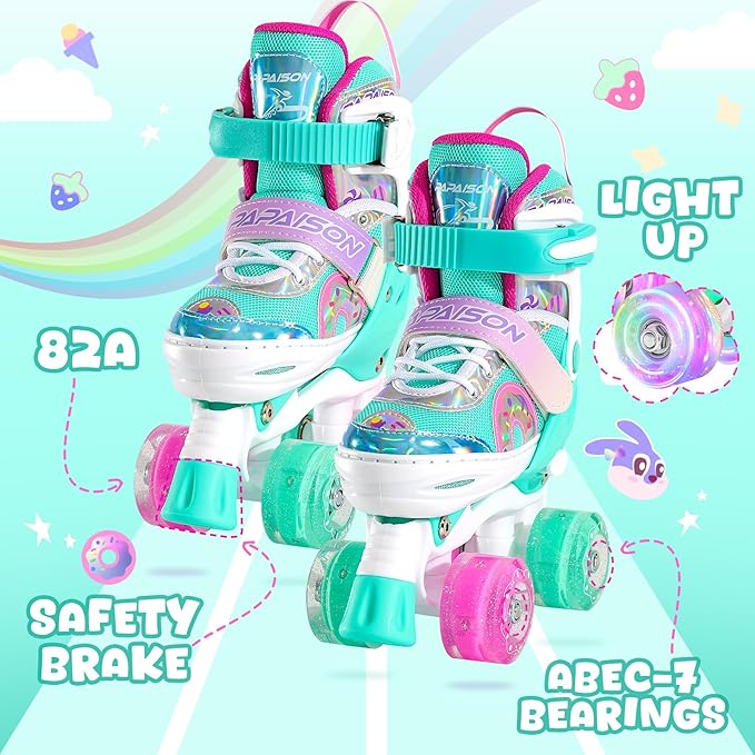 PAPAISON Adjustable Roller Skates for Girls Illuminating Wheels, Kids Toddler Rollerskates Ages 4-6 5-8 8-12