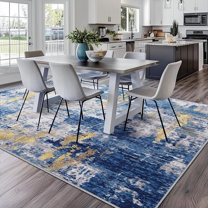 Washable Area Rugs 5'x7' Non-Slip Modern Abstract Soft for Living Room Entryway Bedroom Nursery, Print Pattern, Grey Blue Gold/Golden