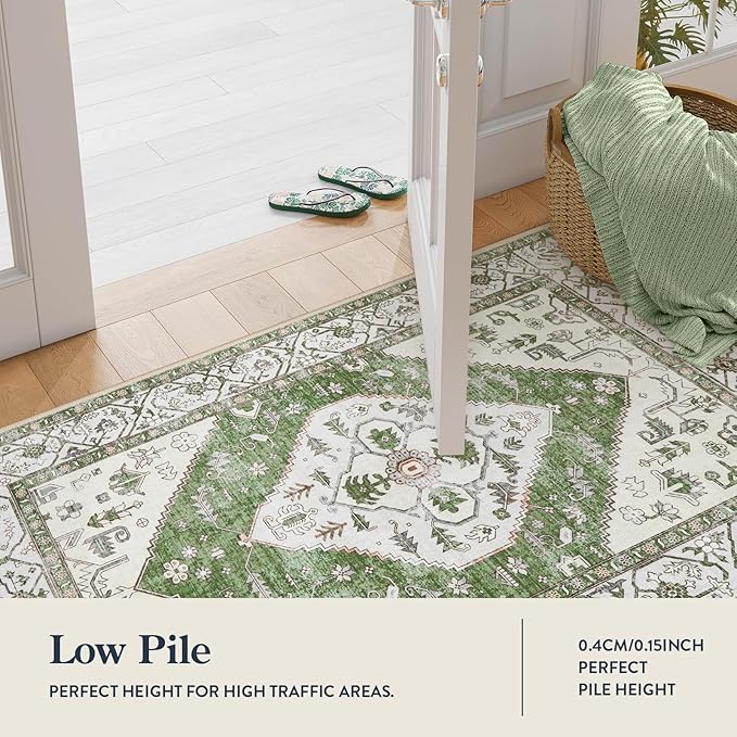 Lahome Boho Green Machine Washable Living Room Rugs - 3x5 Area Rugs for Bedroom Non-Slip Ultra-Thin Entryway Rug, Vintage Print Throw Indoor Carpet Rug for Office Kitchen (Green, 3'x5')