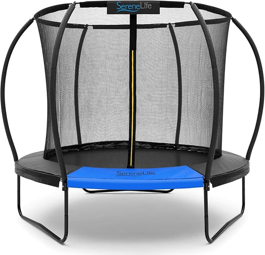 SereneLife 8FT 10FT 12FT 14FT Outdoor Trampoline for Kids - Recreational Backyard Trampoline with Curved Safety Poles and Net Enclosure- ASTM Approval for Kids Adults