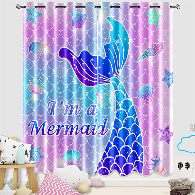 Mermaid Curtain Panels for Girls Room 2Pcs, Pink Cartoon Blackout Curtains 84 inch Length for Girls Bedroom Nursery Room Grommet Top Thermal Insulated Curtains, Dinosaur Print, 82" x 84"