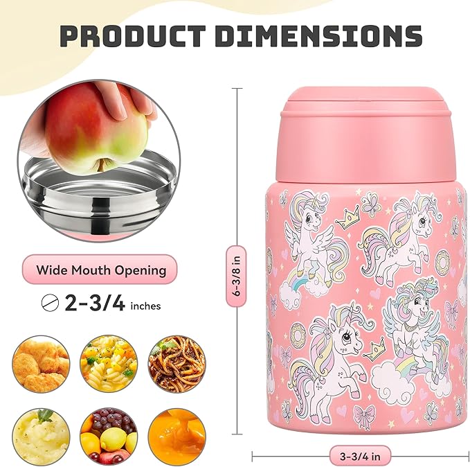 Soup Thermo for Hot Food Kids 16oz Insulated Food Jar Leakproof Thermo Lunch Container for Kids Wide-Mouth Stainless Steel Lunch Box for School with Handle Folding Spoon(3+)