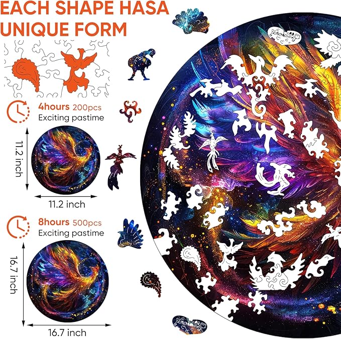 Wooden Puzzles for Adults, Phoenix Puzzle Color Challenge Jigsaw Puzzles 300 Piece, (Royal,16.7in) Thickened Unique Shapes Family Reunion Puzzle, Best Gift for Adults and Kids, Family Game