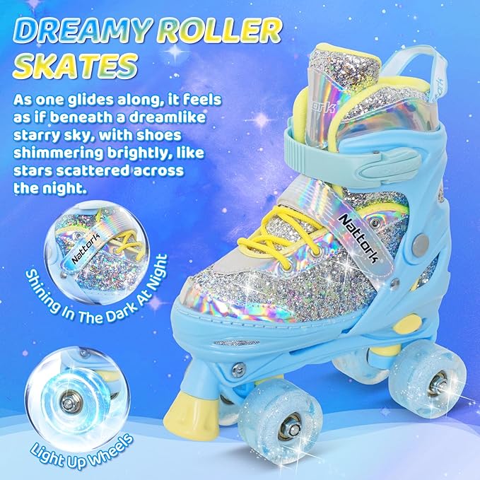 Nattork Kids Roller Skates for Girls Kids, 4 Sizes Adjustable Girls Roller Skates for Ages 3-12 with Light up Wheels & Safety Protection - Cool Birthday Gift for Indoor Outdoor Sports