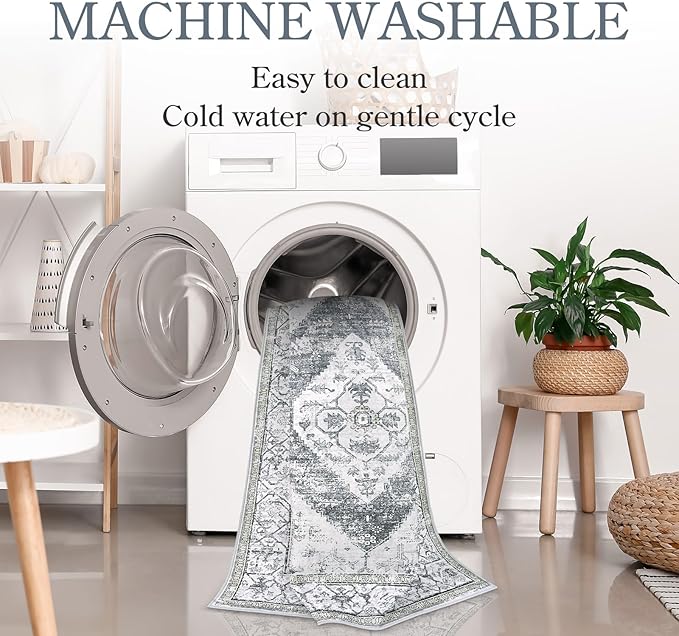 Lahome Boho Round Rugs - 6ft Washable Round Area Rugs for Living Room Grey Non-Slip Throw Dining Room Rug Large Circle Bedroom Rug, Oriental Distressed Print Indoor Rug Round for Entryway Office