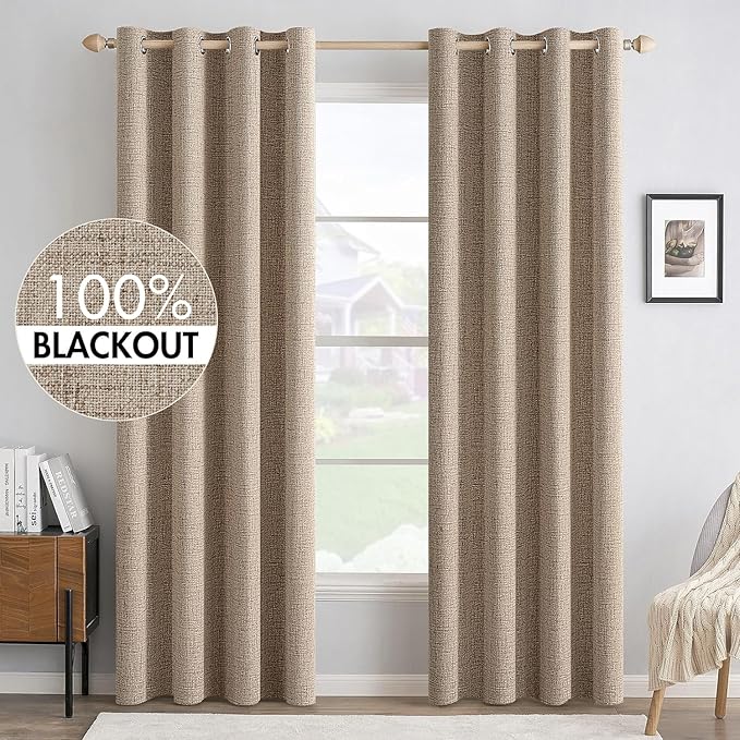 MIULEE 100% Blackout Linen Textured Curtains for Bedroom Solid Thermal Insulated Copper Brown Grommet Room Darkening Curtains & Drapes Luxury Decor for Living Room Nursery 52 x 84 Inch (2 Panels)
