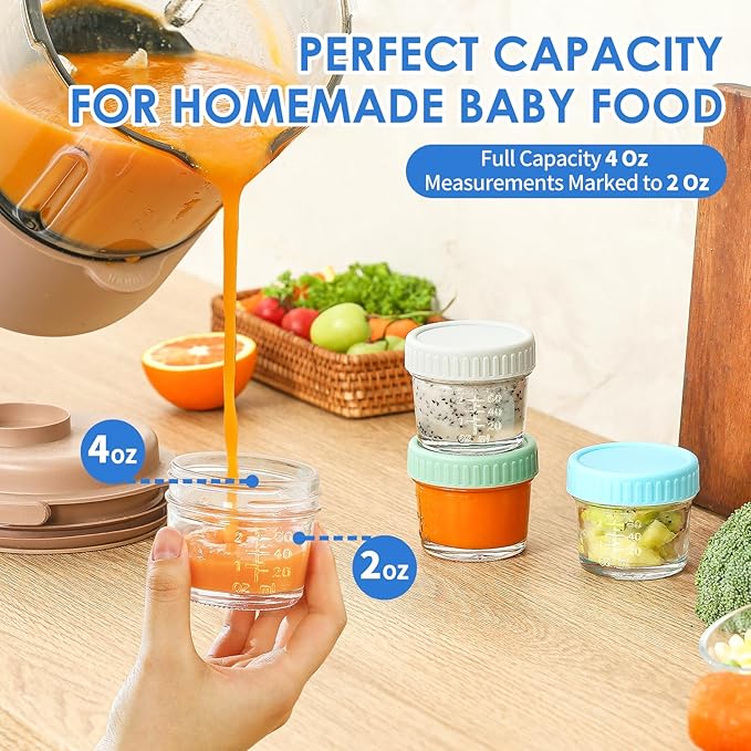 DRKIO 6 Pack Glass Baby Food Storage Containers - 4 Oz Baby Food Jars with Lids Baby Food Maker Microwave Dishwasher Freezer Safe 100% Leak Proof BPA Free Reusable