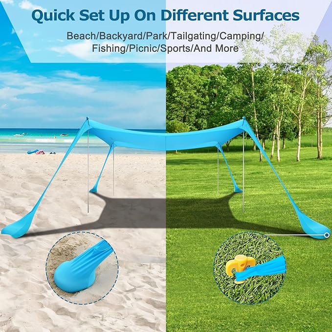 COMMOUDS Beach Tent Sun Shelter - UPF50+ Pop Up Beach Canopy with Sandbags & Sand Shovel & Windproof Poles, Portable Sun Shade for Beach, Camping, Picnics, Backyard