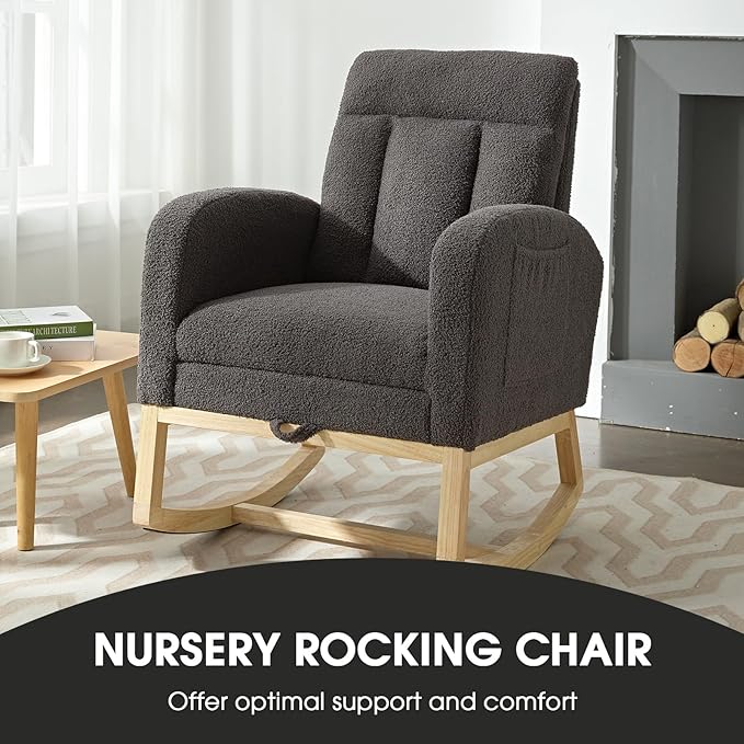 NIOIIKIT Modern Nursery Rocking Chair, Teddy Upholstered Rocking Chair with Footrest, Comfortable Rocker Recliner with Side Pocket, Glider Rocker for Living Room, Bedroom, Nursing Room (Dark Grey)