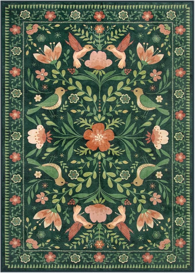 Moynesa Boho Bird 5x7 Area Rugs for Living Room, Washable Green Rug Jungle Floral Bedroom Rug, Low-Pile Soft Vintage Floor Carpet Non-Slip for Dining Room Playrom Living Room