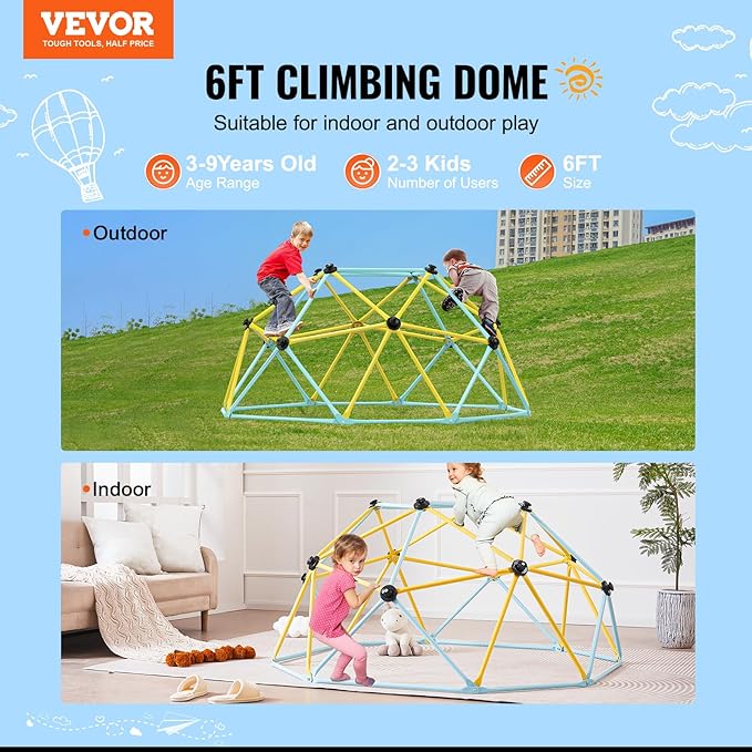 VEVOR Climbing Dome, 6FT Jungle Gym for Kids 3 to 9 Years Old, Geometric Dome Climber Play Center Supports 600LBS and Easy Assembly, with Climbing Grip, Outdoor and Indoor Play Equipment for Kids