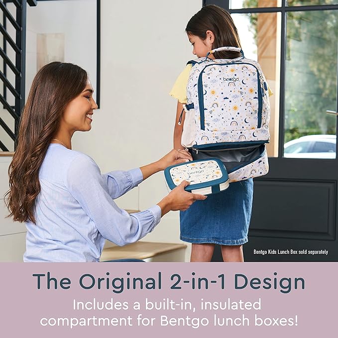 Bentgo Kids 2-in-1 Backpack & Insulated Lunch Bag - Durable 16” Backpack & Lunch Container in Unique Prints for School & Travel - Water Resistant, Padded & Large Compartments (Friendly Skies)