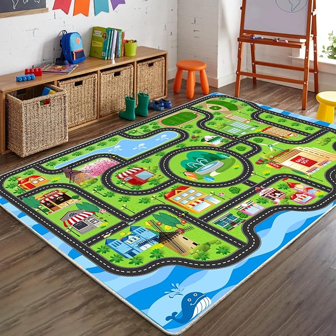 Car Rug,Kids Play Rug with Roads,Playroom Toy Car Rug, Car Track Rug City Map for Bedroom Classroom - (110X78.7 Inches)