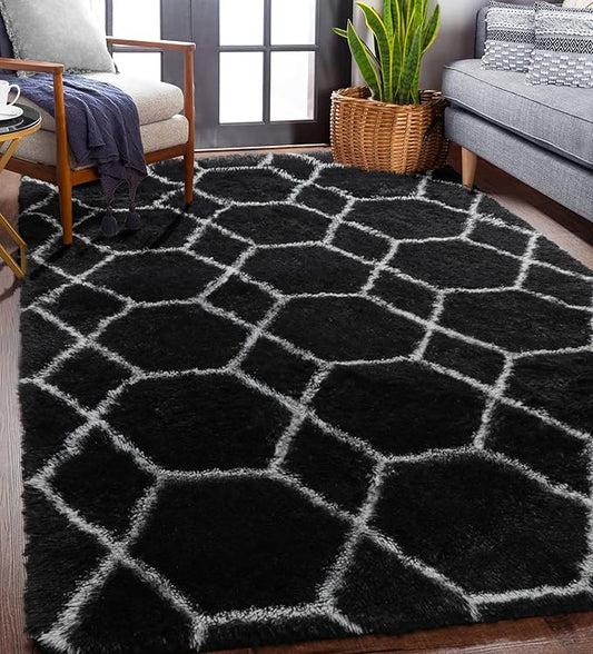 ONASAR Geometric Area Rugs for Bedroom Living Room, Washable 4x6 Black and White Fluffy Shag Throw Rug, Shaggy Plush Bedside Floor Carpet for Nursery Kids Teens Girls Boys Dorm Home Decor