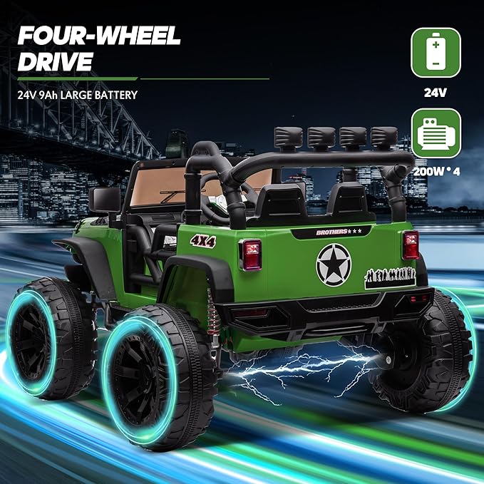 24V 9Ah Ride on Toy for Big Kids, 4x4 2 Seater Ride on Car Truck w/Remote Control, 4x200W Motors - Green