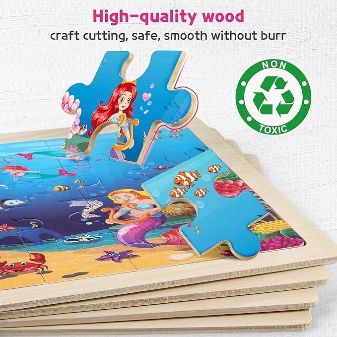 SYNARRY Large Unicorn Mermaid Princess Fairy Wooden Kids Puzzles 4 in 1 Gift Box(12.2 * 9.4 in) - FSC Certified, Wood Puzzles for Kids Ages 4-6, Toys Gifts for 3 4 5 Year Old Toddlers Girls