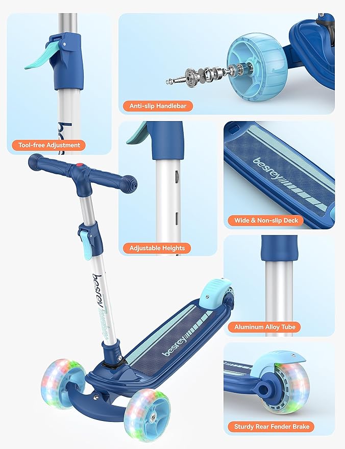 Besrey Kick Scooter for Kids Ages 3-10, 3-Wheel Folding Scooter with Adjustable Height, LED Light Wheels, Extra Wide Deck for Outdoor Activities