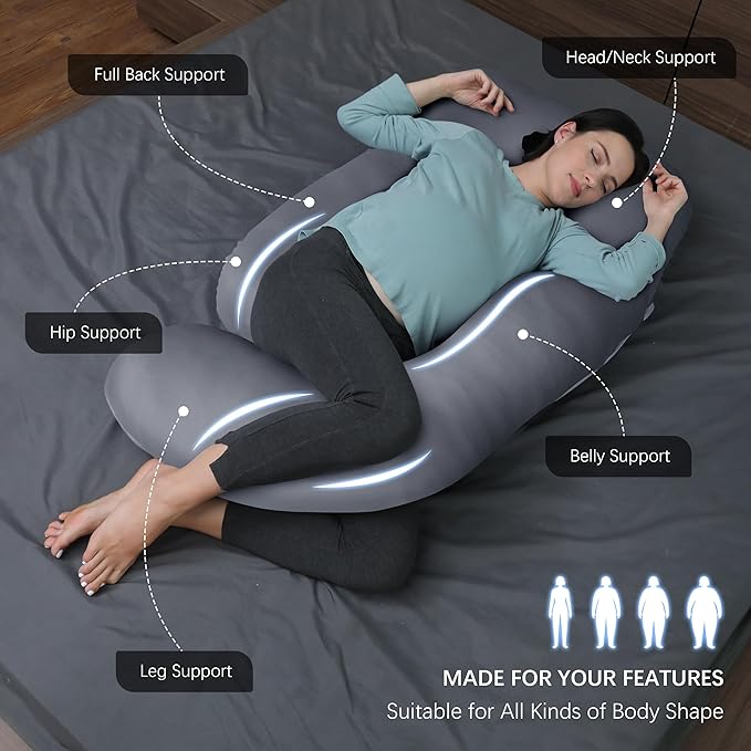 MOON PARK Pregnancy Pillows for Sleeping - U Shaped Full Body Maternity Pillow with Removable Cover - Support for Back, Legs, Belly, HIPS - 65 Inch - Dark Grey - Cooling Cover