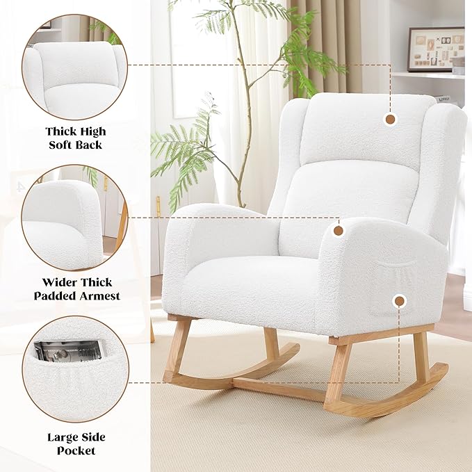 Rocking Chair Nursery, Nursing Rocking Chairs for Mom Nursery, Comfy Wingback Glider Rocking Armchair with Side Pocket for Nursery Living Room Bedroom, Teddy White