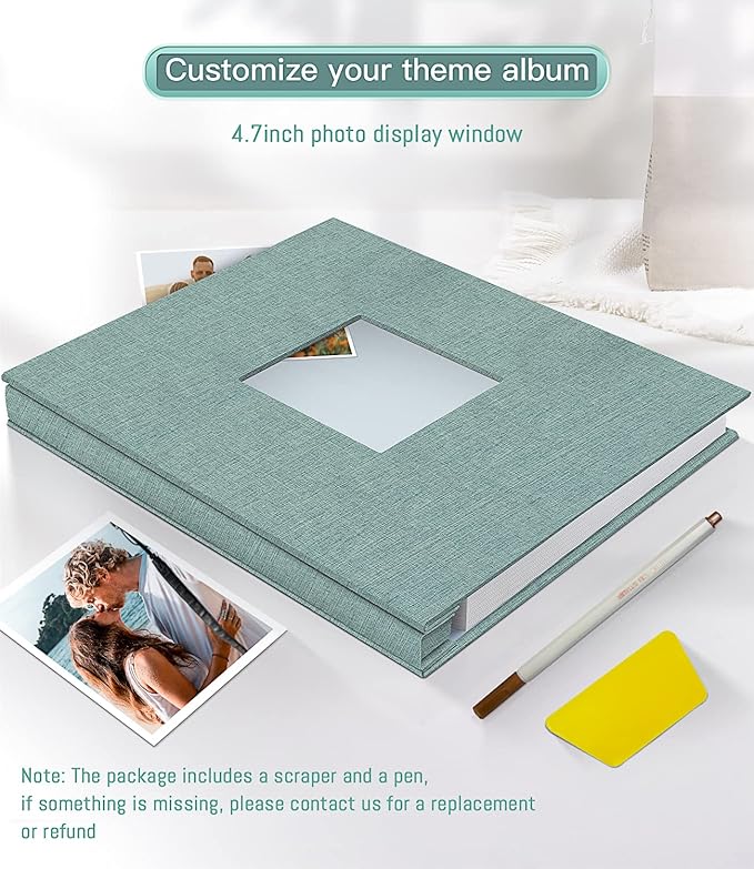 popotop Photo Album Self Adhesive with Picture Display Window,40 Pages DIY Scrapbooking Supplies Kit for 4x6 8x10 Picture,Linen Cover Memory Book for Baby Wedding, with Scraper and Metallic Pen