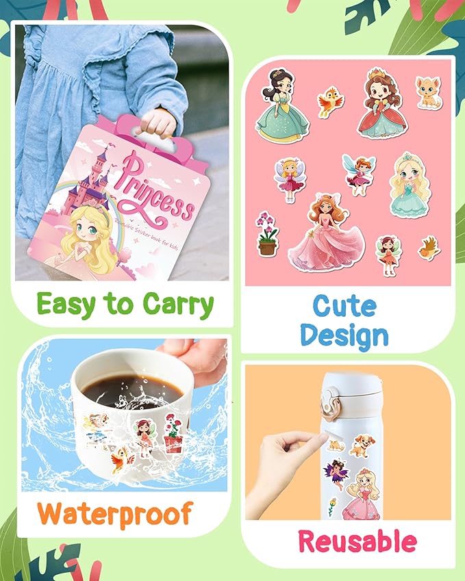 Benresive Reusable Sticker Book for Toddlers 2-4 Years, Fun Travel Stickers for Kids, Waterproof Sticker Books for Toddlers 1-3, Crafts Activities for Todddlers 1-3 2-4 3-5 - Princess