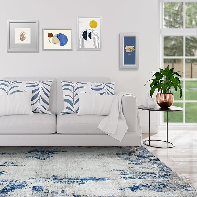 9x12 Area Rugs for Living Room Rug Washable: Modern Large Rug for Dining Room Bedroom Carpet Non Slip 9 by 12 Indoor Abstract Nursery Home Office Blue White