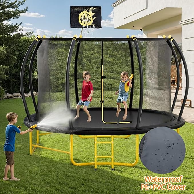 14FT Pumpkin Trampoline with Basketball Hoop, Balance Bar and Enclosure Net, Outdoor Trampoline for Kids and Adults, Capacity 880 lbs