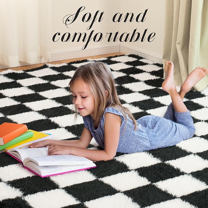 Super Soft Rug for Bedroom, 6x9 Ft Black and White Area Rug Classic Checkered Shaggy Anti-Skid High Pile Soft Fluffy Rug Fuzzy Carpet for Living Room Bedroom Kids Room Nursery, Dorm Home Decor