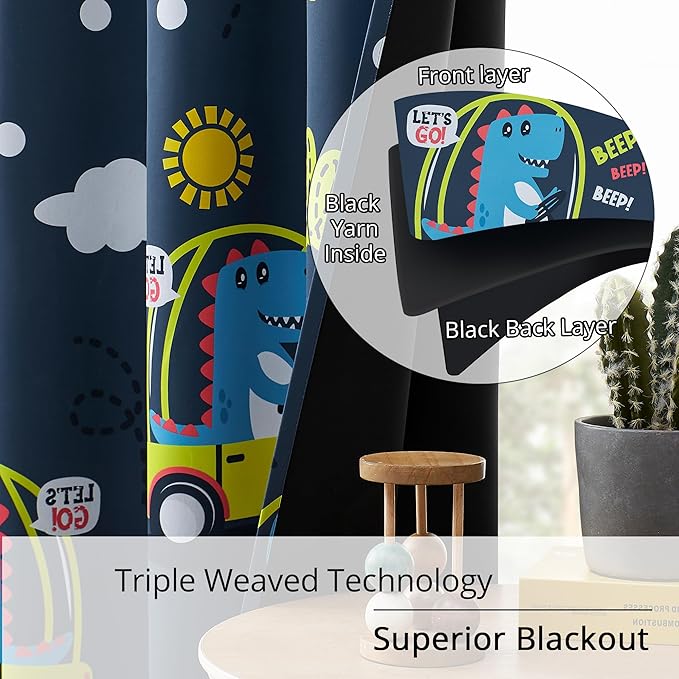 Kids Dinosaur Blackout Curtains - 2 Panels, Each W52*L84 with 100% Blackout, Thermal Insulated, and Noise Reducing, Perfect for Kids Room, Bedroom, Nursery