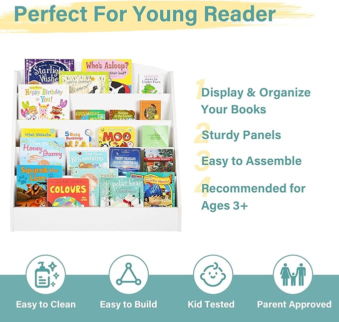 TOETOL 5-Tier Kids Bookshelf - Toddler Book Display Shelves for Classrooms, Playrooms, and Nursery - Wooden Children Book Rack (White)