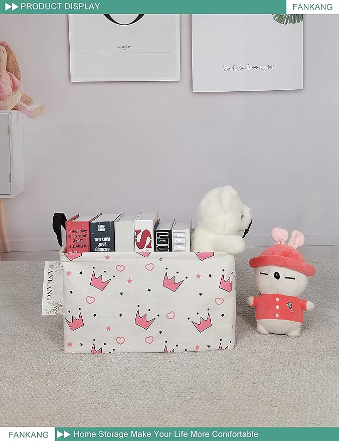 FANKANG Storage Bins, Nursery Hamper Canvas Laundry Basket Foldable with Waterproof PE Coating Large Storage Baskets for Kids Boys and Girls, Office, Bedroom, Clothes,Toys(Rec-pink crowns)