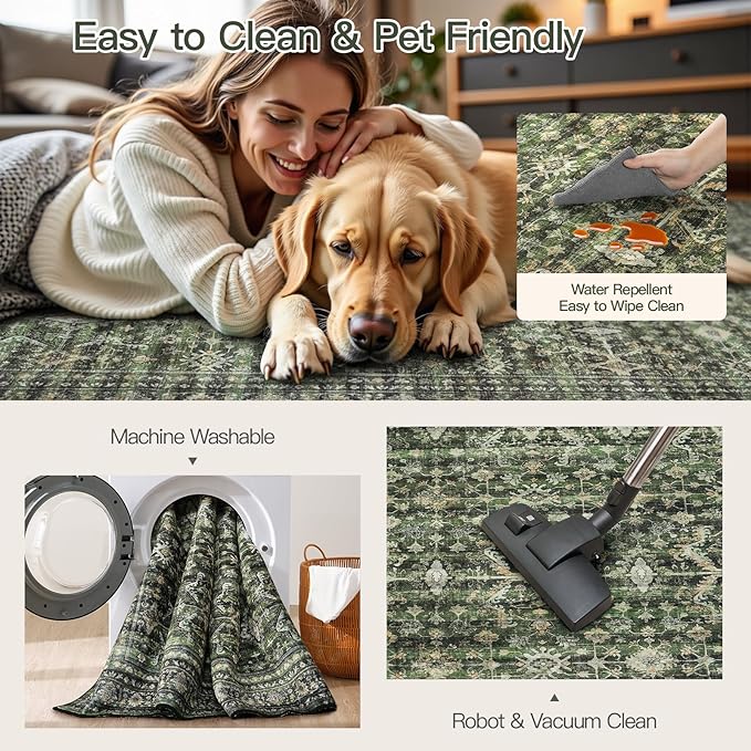 Lofus 9x12 Area Rug for Living Room,Green Washable Large Rugs with Non-Slip Backing,Soft Boho Carpets for Bedroom Dining Room Home Office Indoor Nursery