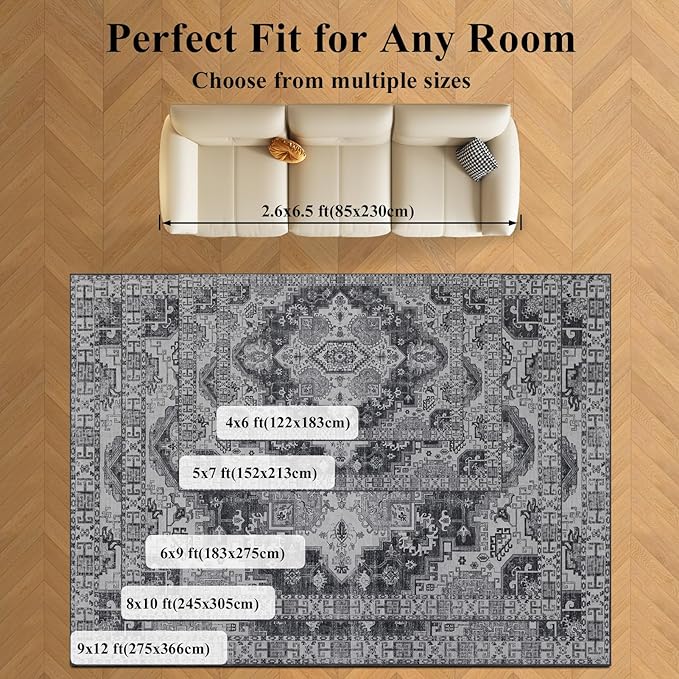 9x12 Area Rug Living Room Rugs, Stain Resistant Washable Rug, Vintage Large Non-Slip Backing, Low Pile Lightweight Print Rug for Bedroom Dinning Room Home Office (Medium Gray)