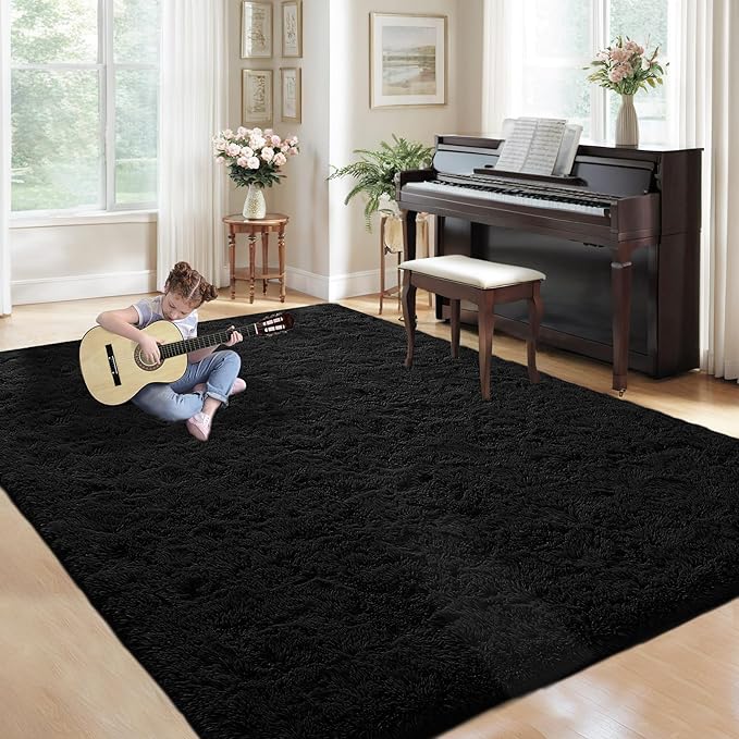 5x8 Area Rug for Living Room: Fluffy Shag Soft Washable Rugs Fuzzy Plush Indoor Carpet for Bedroom Nursery Playroom Dorm Kids Girls Boys Room (Black, 5'x8')